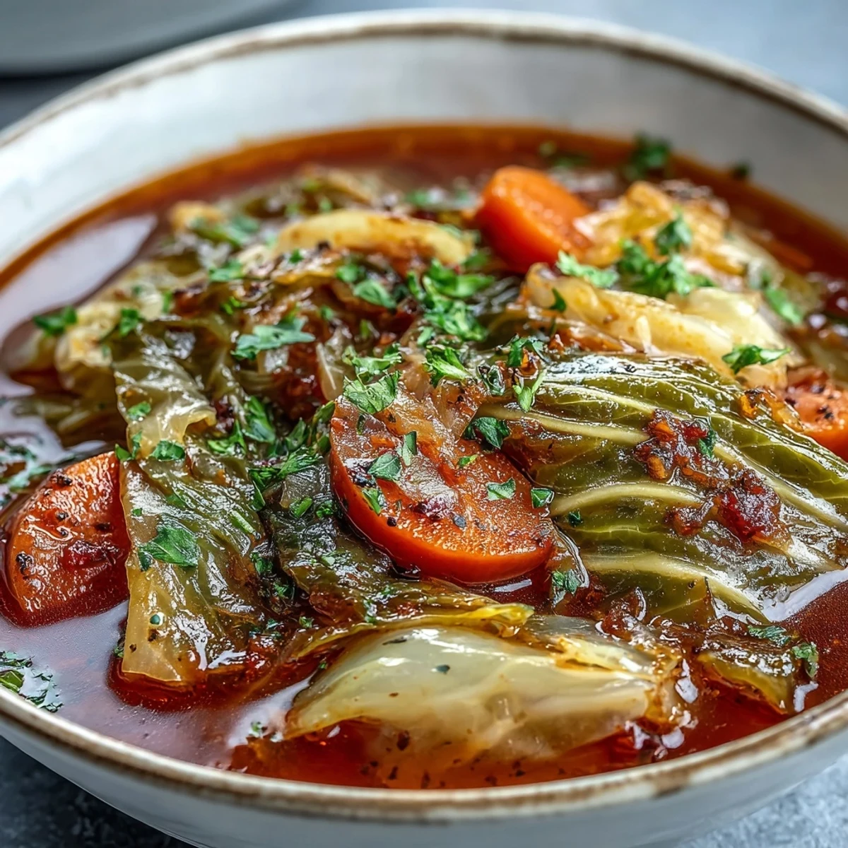 A bowl of Classic Cabbage Soup with tender vegetables and fresh parsley in a rich tomato broth.