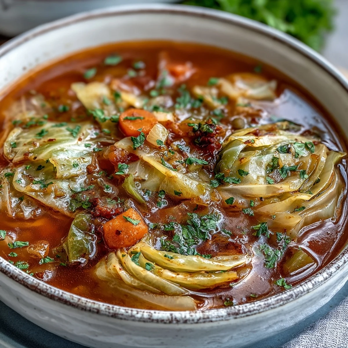 Serving of Classic Cabbage Soup with a crusty bread roll, perfect for a light and comforting vegetarian meal.