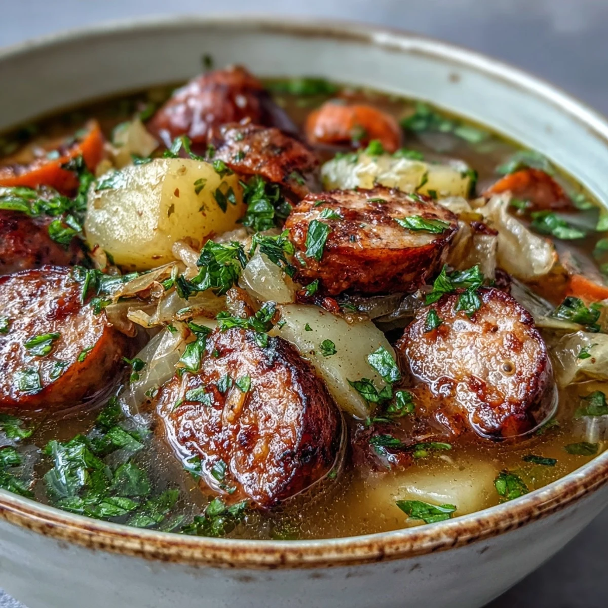 Steaming bowl of Sausage, Potato and Cabbage Soup garnished with fresh parsley and a dollop of sour cream.