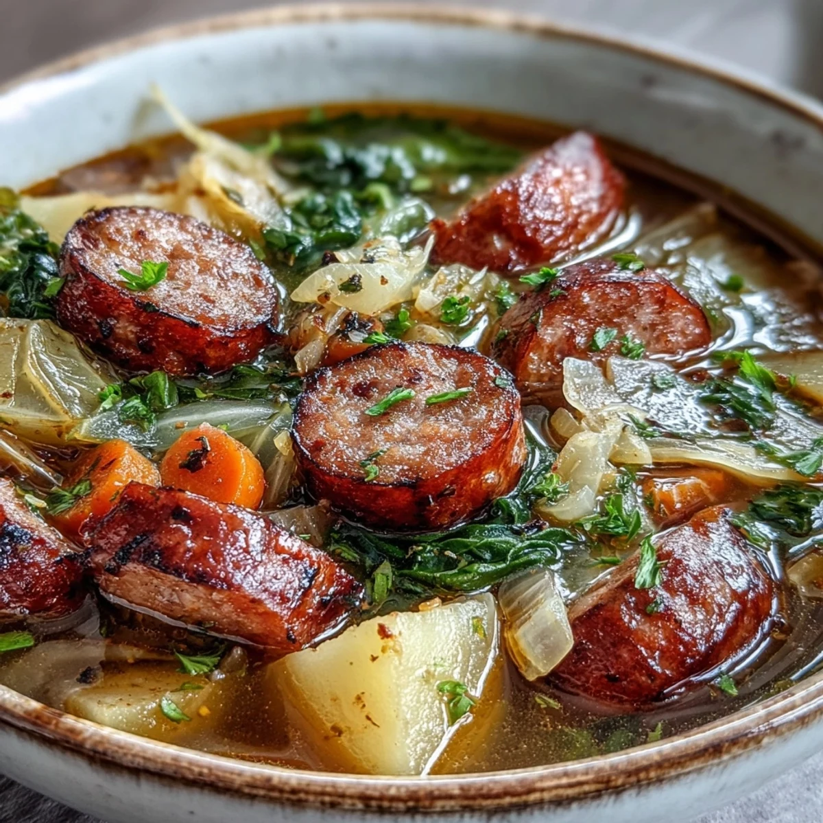 Rustic Sausage, Potato and Cabbage Soup with chunks of tender vegetables and kielbasa in a clear broth.