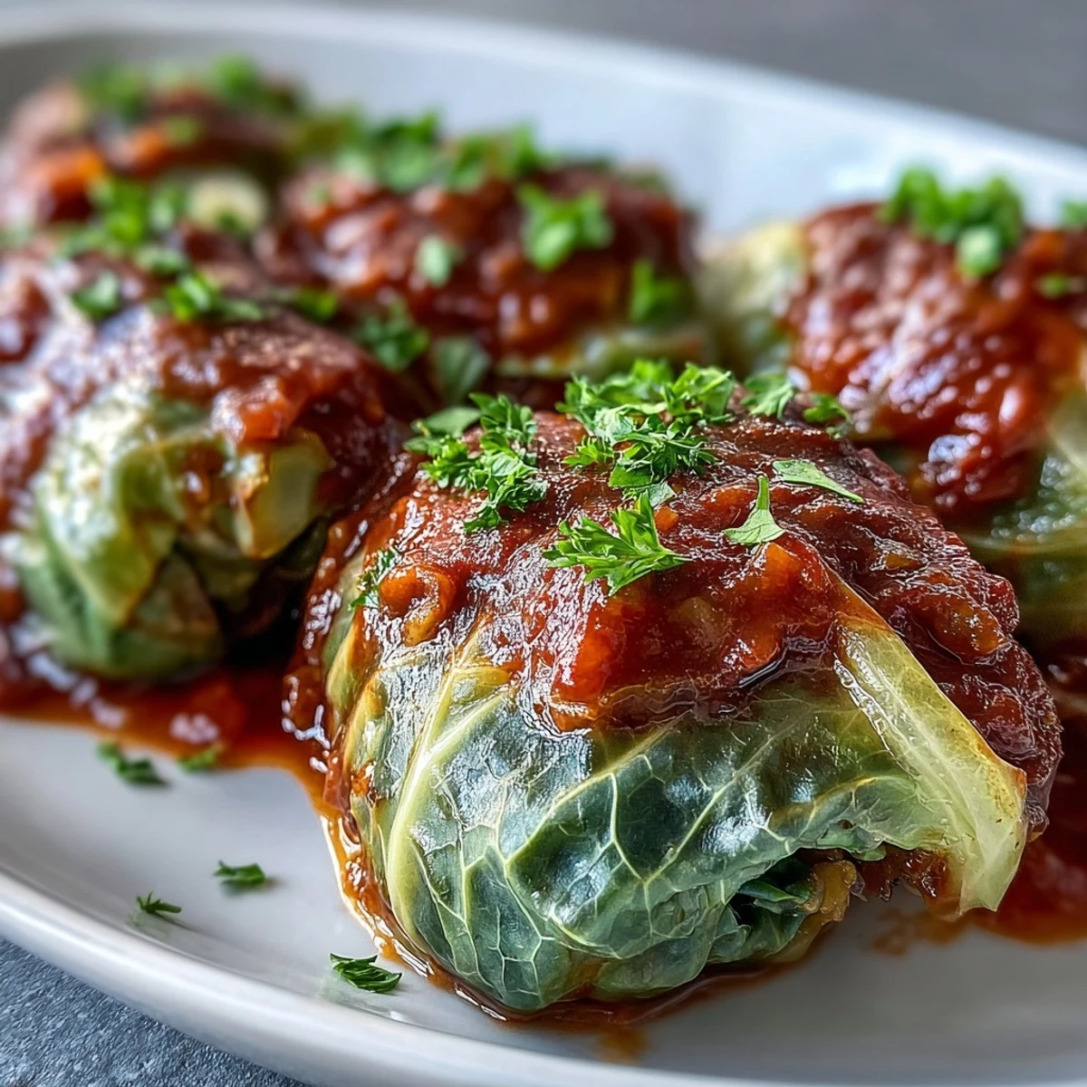 Golden brown Baked Vegan Cabbage Rolls fresh from the oven, glistening with rich tomato sauce.