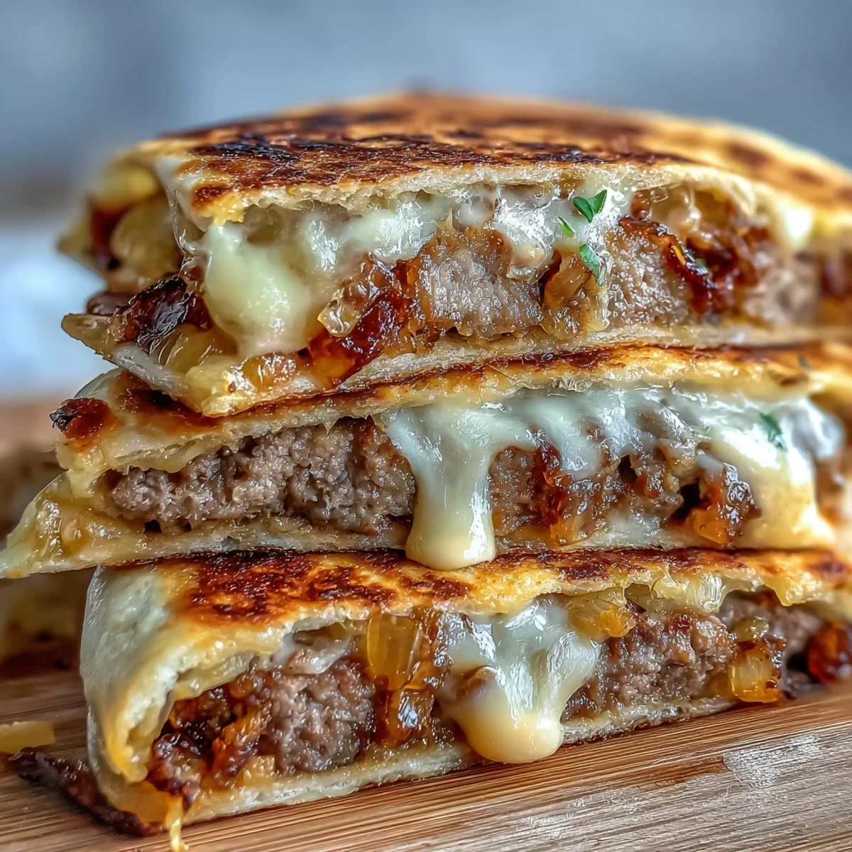Golden-brown Cheesy Griddled Smashburger Quesadillas are sliced into wedges, revealing melted cheddar, American cheese, and savory beef.