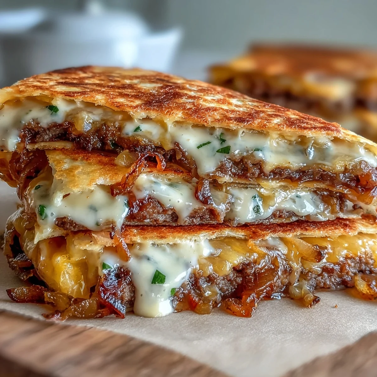 Smashed beef patties and sweet onions are layered inside flour tortillas for Cheesy Griddled Smashburger Quesadillas on a griddle.