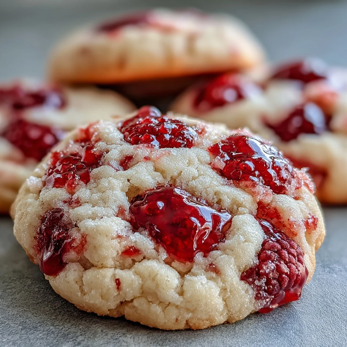 Frosted Soft Chewy Raspberry Sugar Cookies lined up on parchment, showcasing their sparkly sugar crust and jammy red berry pieces. 