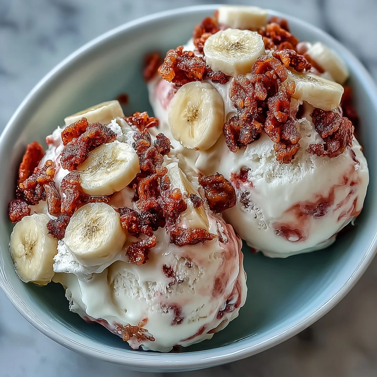 Freshly frozen Strawberry & Banana Yoghurt Clusters on a baking sheet, offering a creamy and crunchy bite.