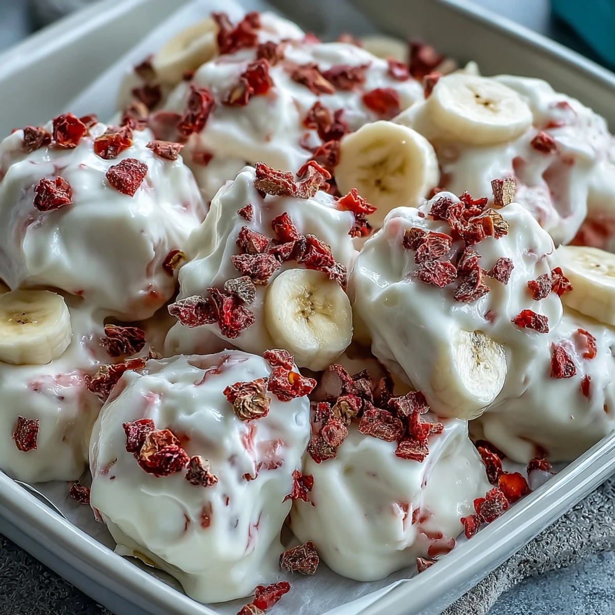 Homemade Strawberry & Banana Yoghurt Clusters served on a chilled plate, perfect for a refreshing dessert.