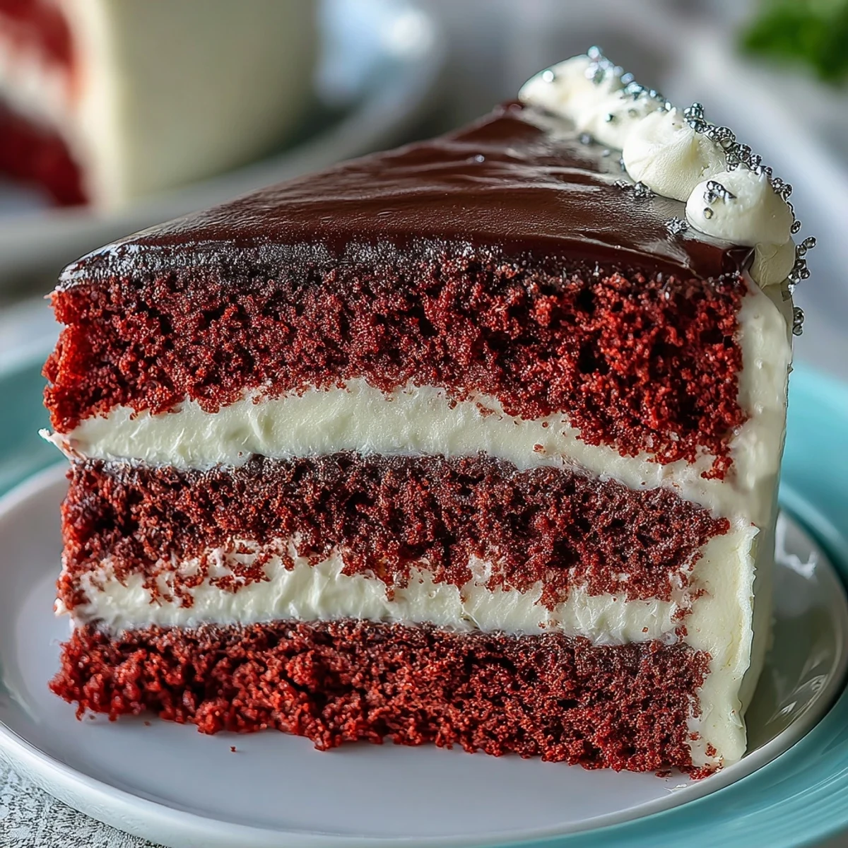 Close-up of a finished Betty Boop Cake, featuring velvety red layers and smooth cream cheese buttercream.