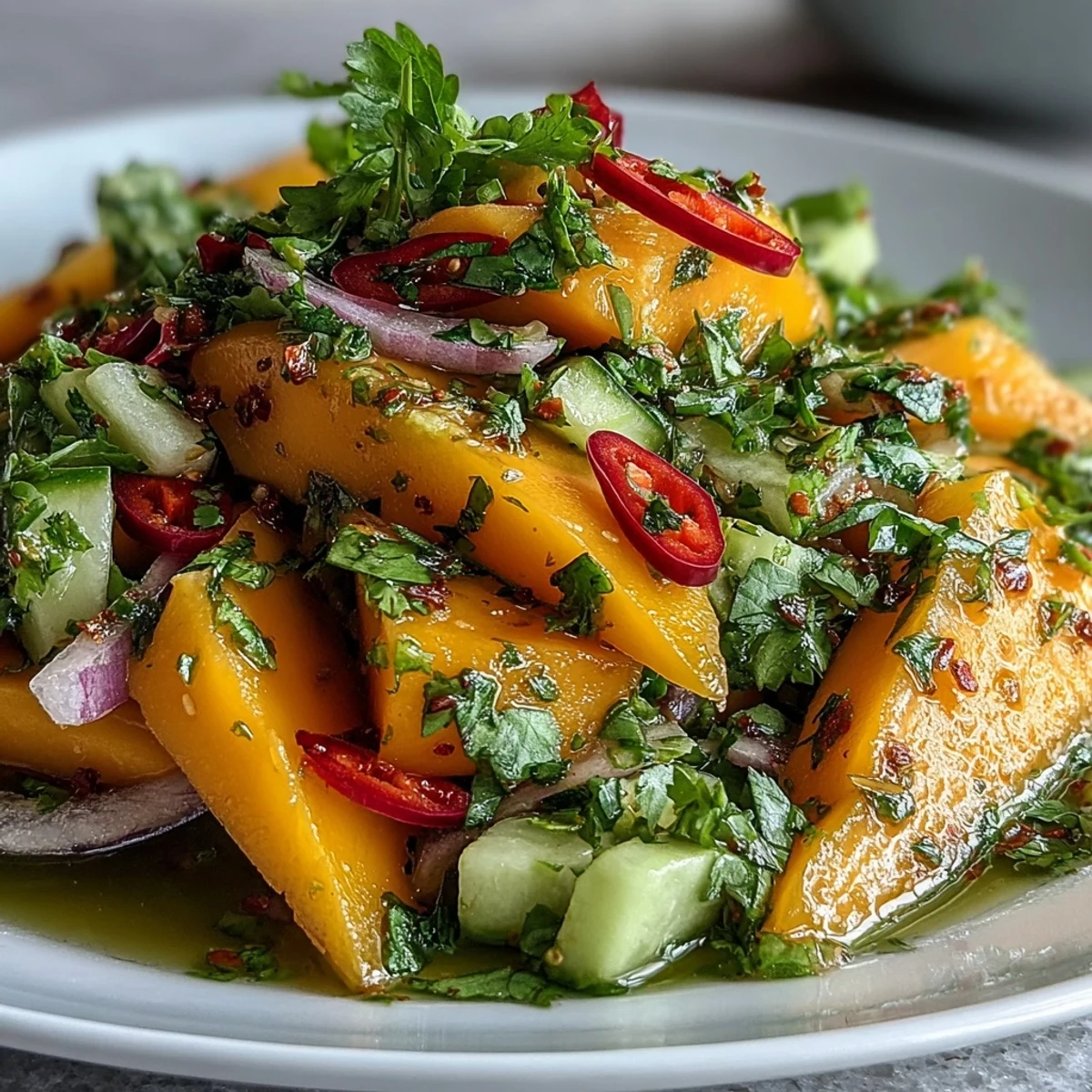 Bright ribbons of mango, crisp red bell pepper, and onion glisten with a tangy lime-honey dressing in this Refreshing Mango Salad.