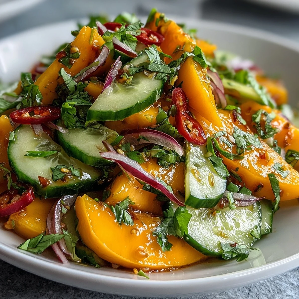 A close-up of a bowl of Refreshing Mango Salad with cilantro, red onion, and sliced red chilies ready for a vibrant lunch.