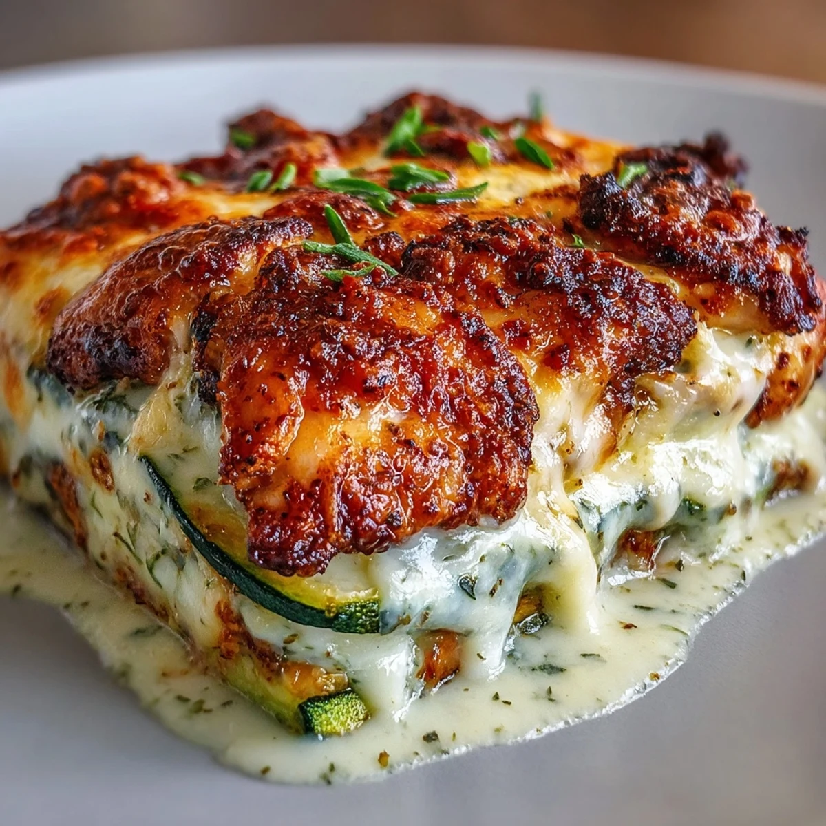 Golden-seared chicken and crisp zucchini slices layered with creamy Greek yogurt, topped with bubbly mozzarella in a High Protein Chicken Zucchini Bake.