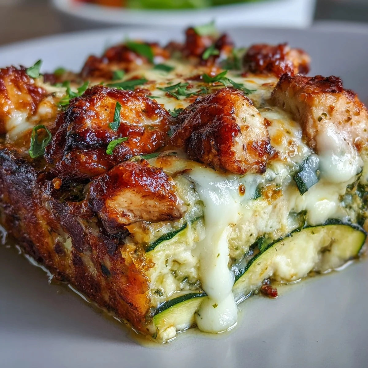 Comforting slice of High Protein Chicken Zucchini Bake on a plate, showing layers of juicy chicken, zucchini, and a creamy, cheesy topping.