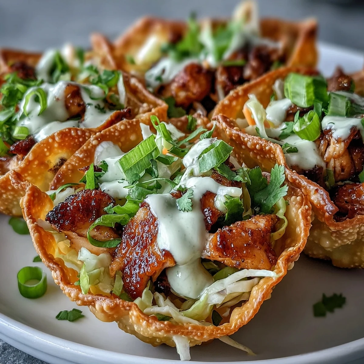 Crispy Chicken Wonton Tacos feature golden fried shells filled with smoky chicken and vibrant slaw, drizzled with creamy sriracha mayo and garnished with fresh cilantro.