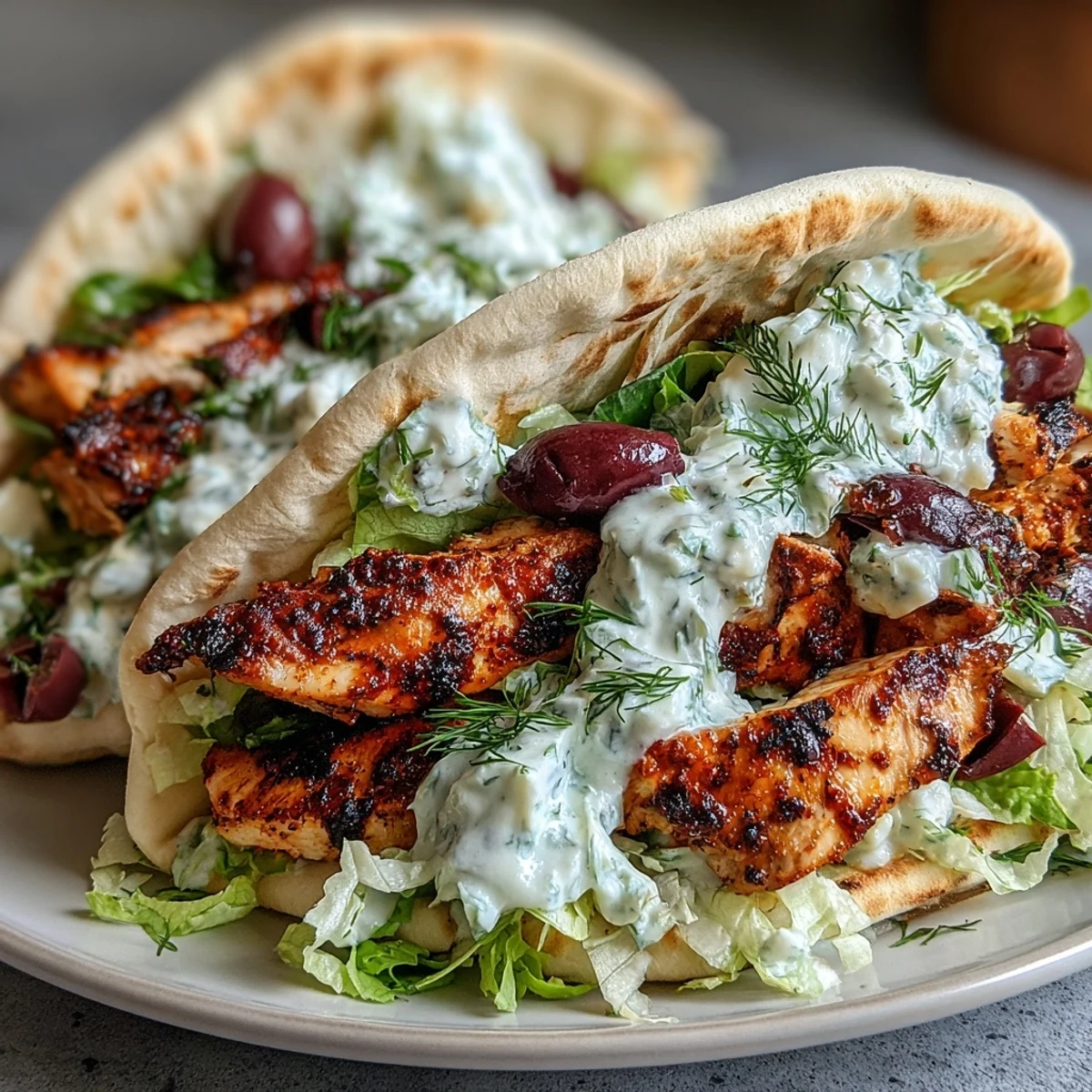 Golden-brown, sizzling Mediterranean Chicken Gyros with Creamy Feta Tzatziki stacked high on a warm pita bread.