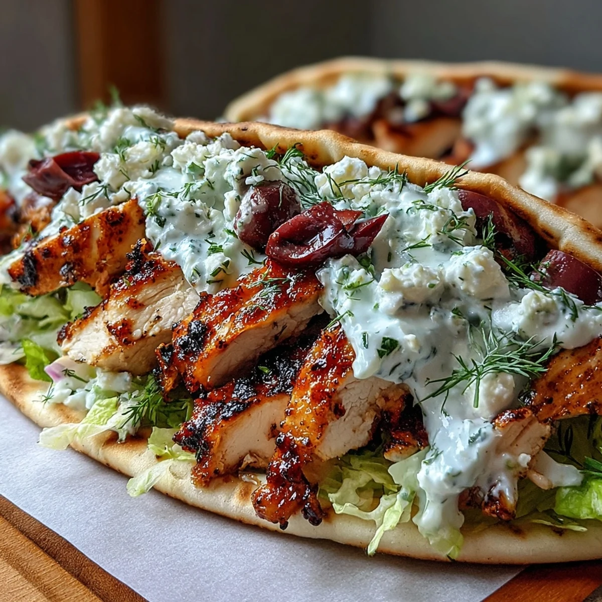A close-up of charred chicken thighs marinated in garlic and oregano tucked into a gyro with fresh lettuce and tomatoes.