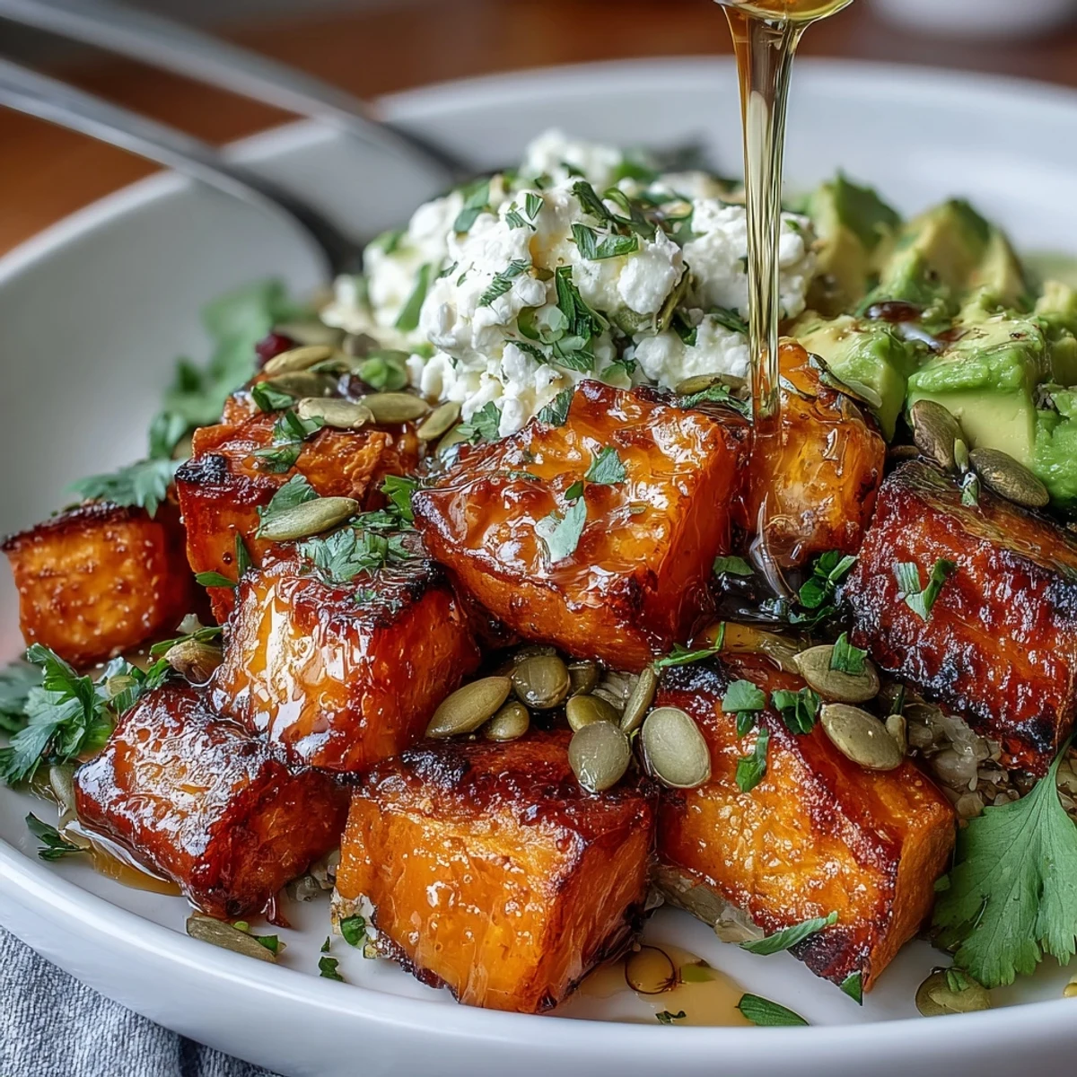Roasted sweet potato cubes with crispy edges, creamy avocado, and cottage cheese, all drizzled with spicy hot honey in a white bowl.