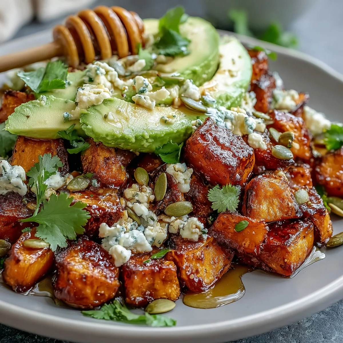 A close-up of a Hot Honey Sweet Potato Bowl topped with avocado slices, cottage cheese, and fresh cilantro garnish.