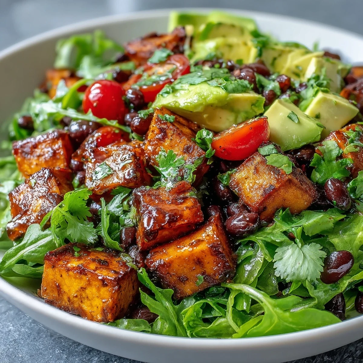 Roasted sweet potatoes and black beans topped with creamy avocado and fresh salsa in a bright bowl.
