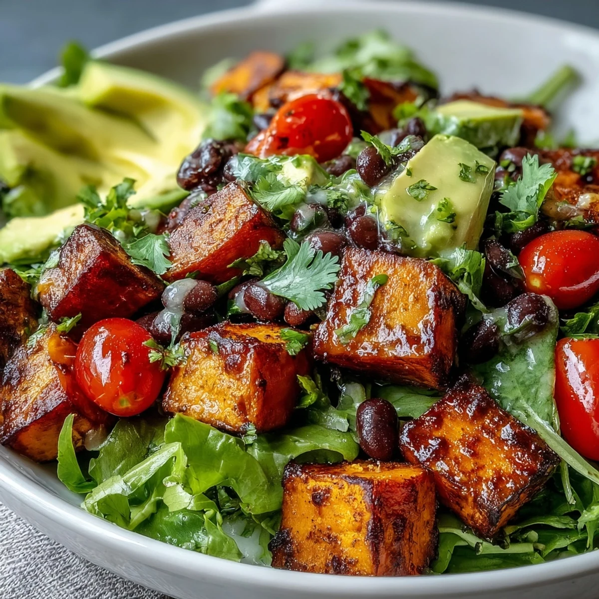 Sweet Potato and Black Bean Bowl garnished with cilantro and lime wedges, ready for a nutritious dinner.