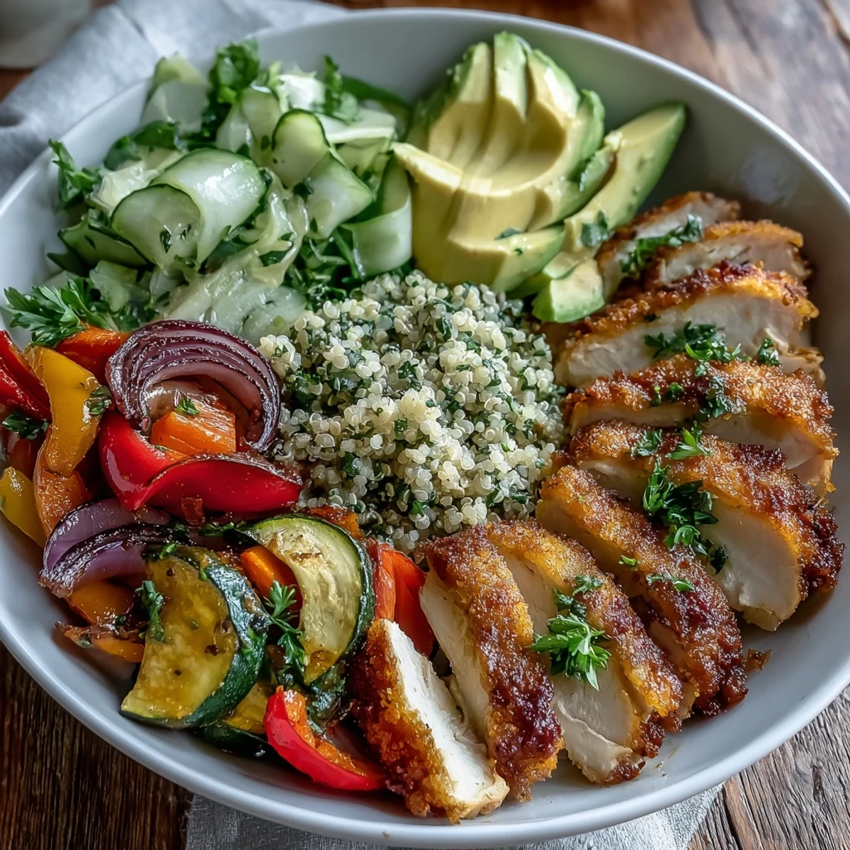 Freshly roasted paprika vegetables and golden pan-seared chicken rest over fluffy quinoa, topped with avocado slices and a crisp lemon salad. 