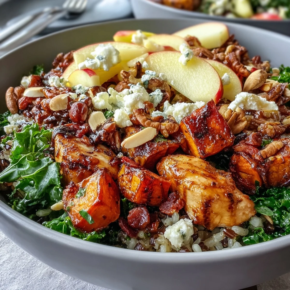 Overhead view of a hearty Harvest Bowl featuring wild rice, kale, apples, almonds, goat cheese, and balsamic dressing, perfect for a healthy lunch.