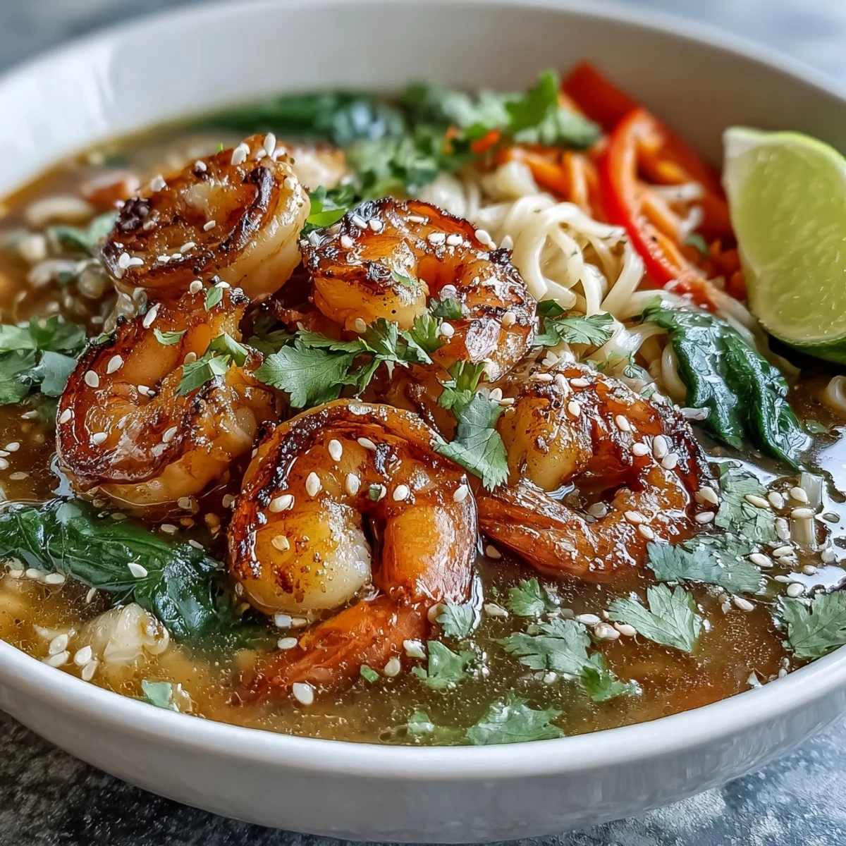 Steaming bowl of Asian Noodle Bowl with Shrimp and Scallops, featuring silky noodles, bok choy, and carrots in savory broth.
