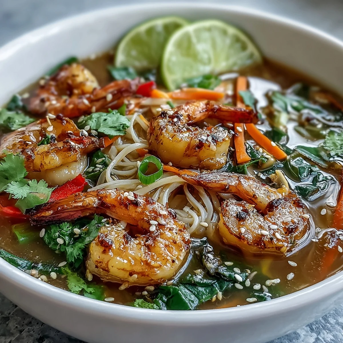 Quick-cooked Asian Noodle Bowl with Shrimp and Scallops and crisp snow peas and bell peppers ready to serve.