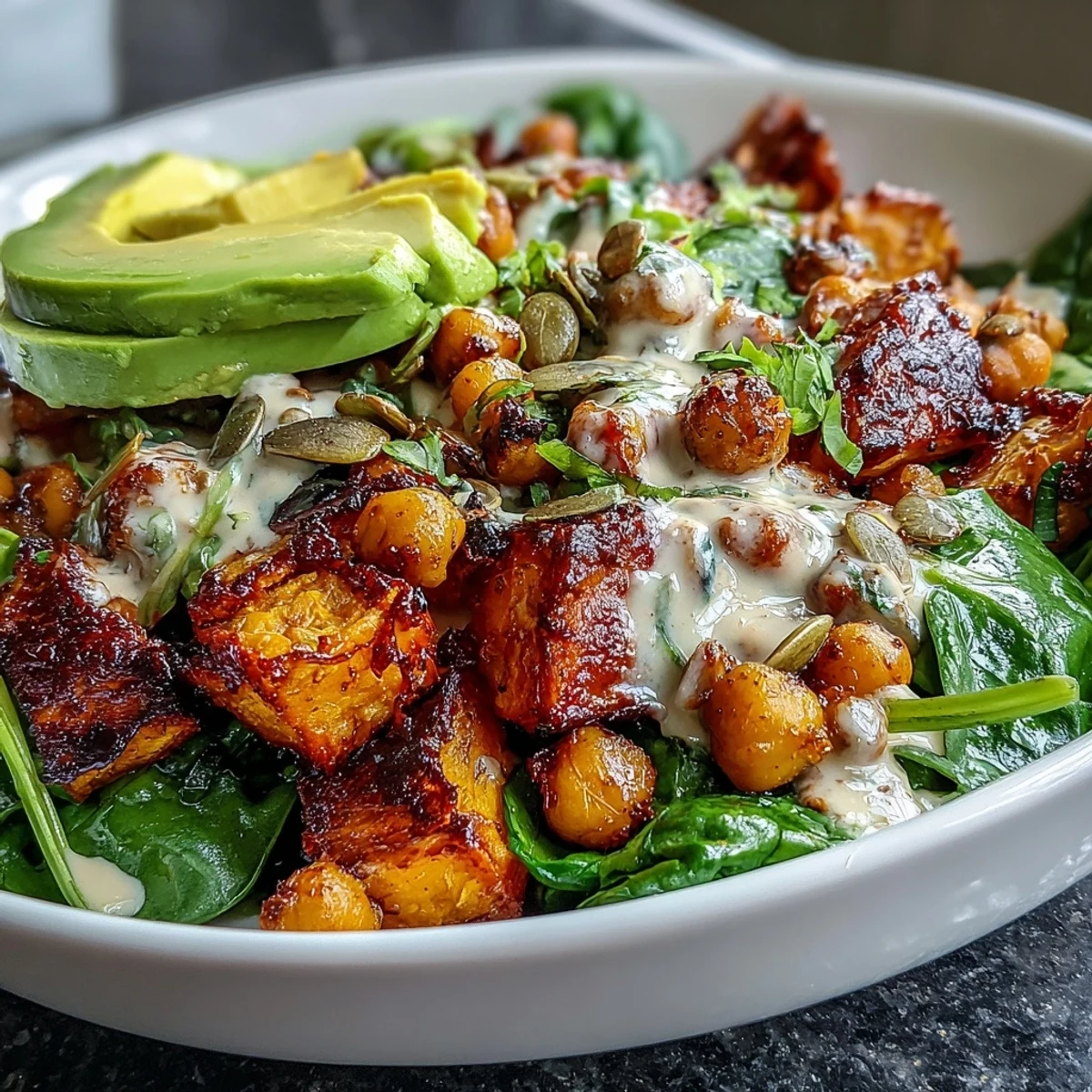 Roasted Sweet Potato and Chickpea Bowl with creamy chipotle tahini sauce, sliced avocado, and toasted pumpkin seeds.
