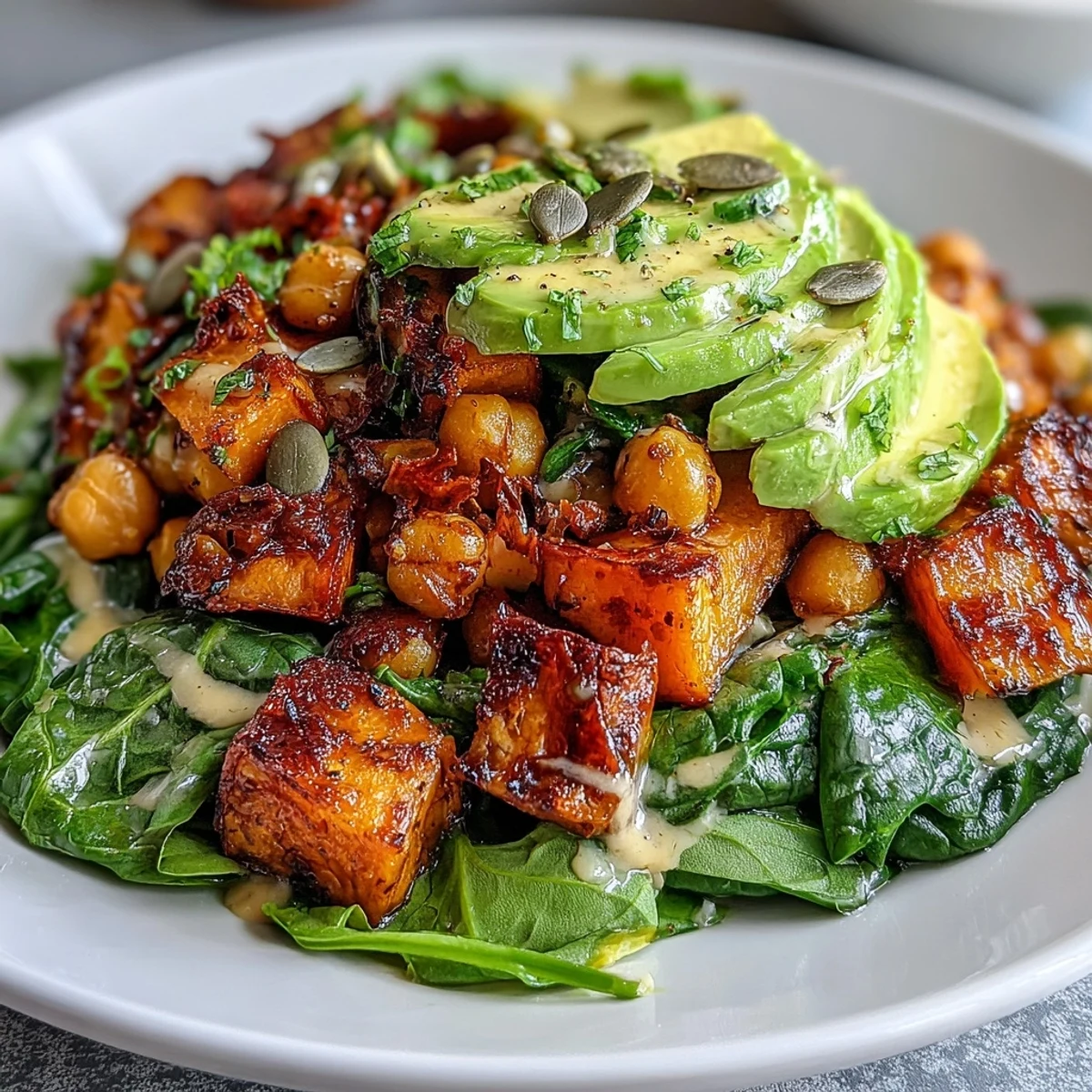 Hearty vegan dinner bowl filled with roasted sweet potatoes, crispy chickpeas, garlicky spinach, and smoky chipotle tahini dressing.