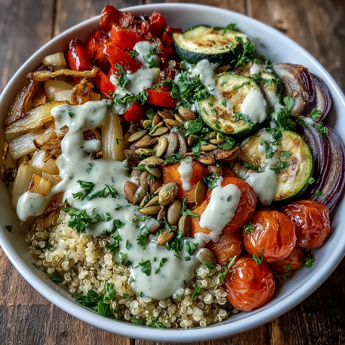 Freshly roasted bell peppers, zucchini, and red onion top fluffy quinoa in this vibrant Roasted Vegetable Quinoa Bowl.