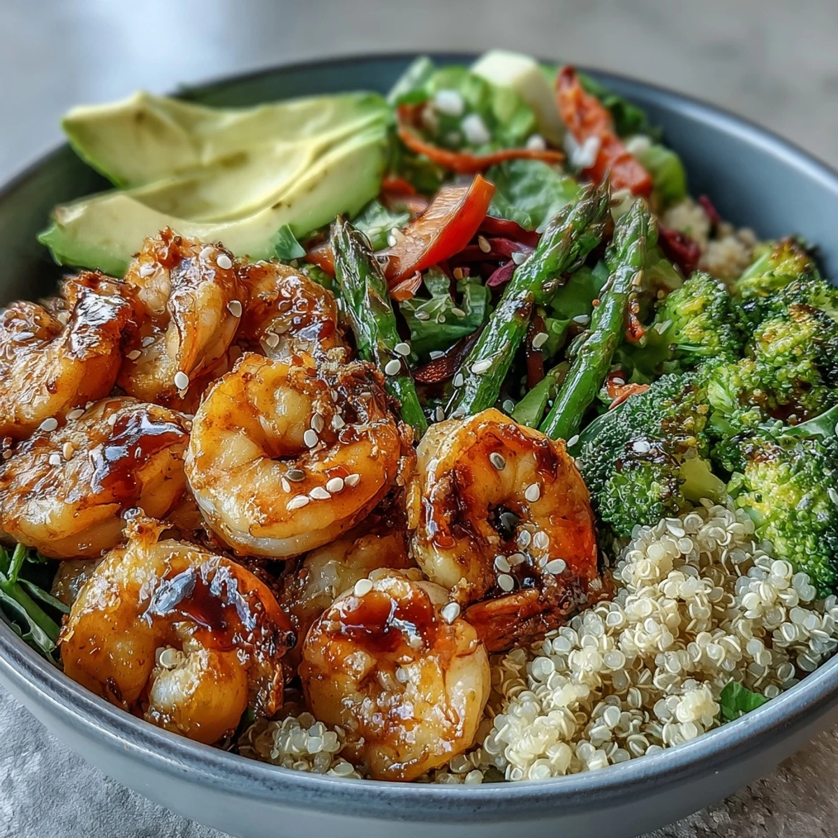 This overhead shot showcases the vibrant red cabbage, blanched asparagus, and fluffy quinoa of the Rainbow Vegetable Detox Bowl.