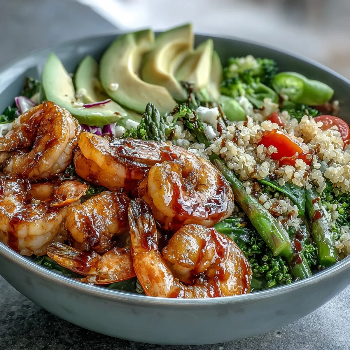 A plated serving of the Rainbow Vegetable Detox Bowl, drizzled with balsamic dressing and garnished with fresh diced tomatoes.