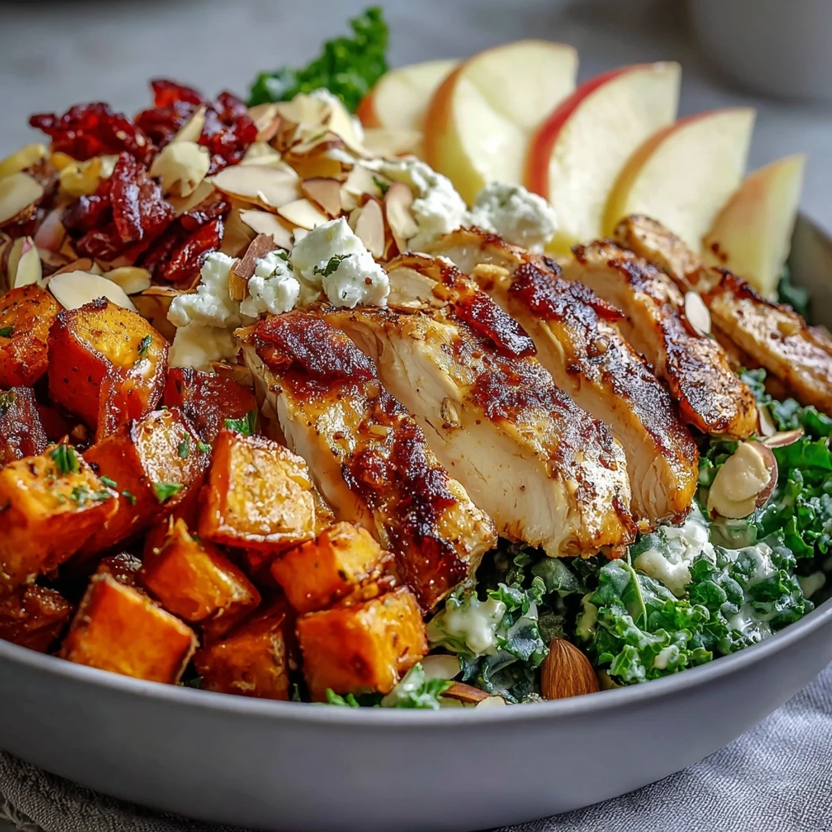Freshly roasted Fall Sweet Potato Harvest Bowl with juicy sliced chicken, crisp apple, and massaged kale topped with almonds and goat cheese.
