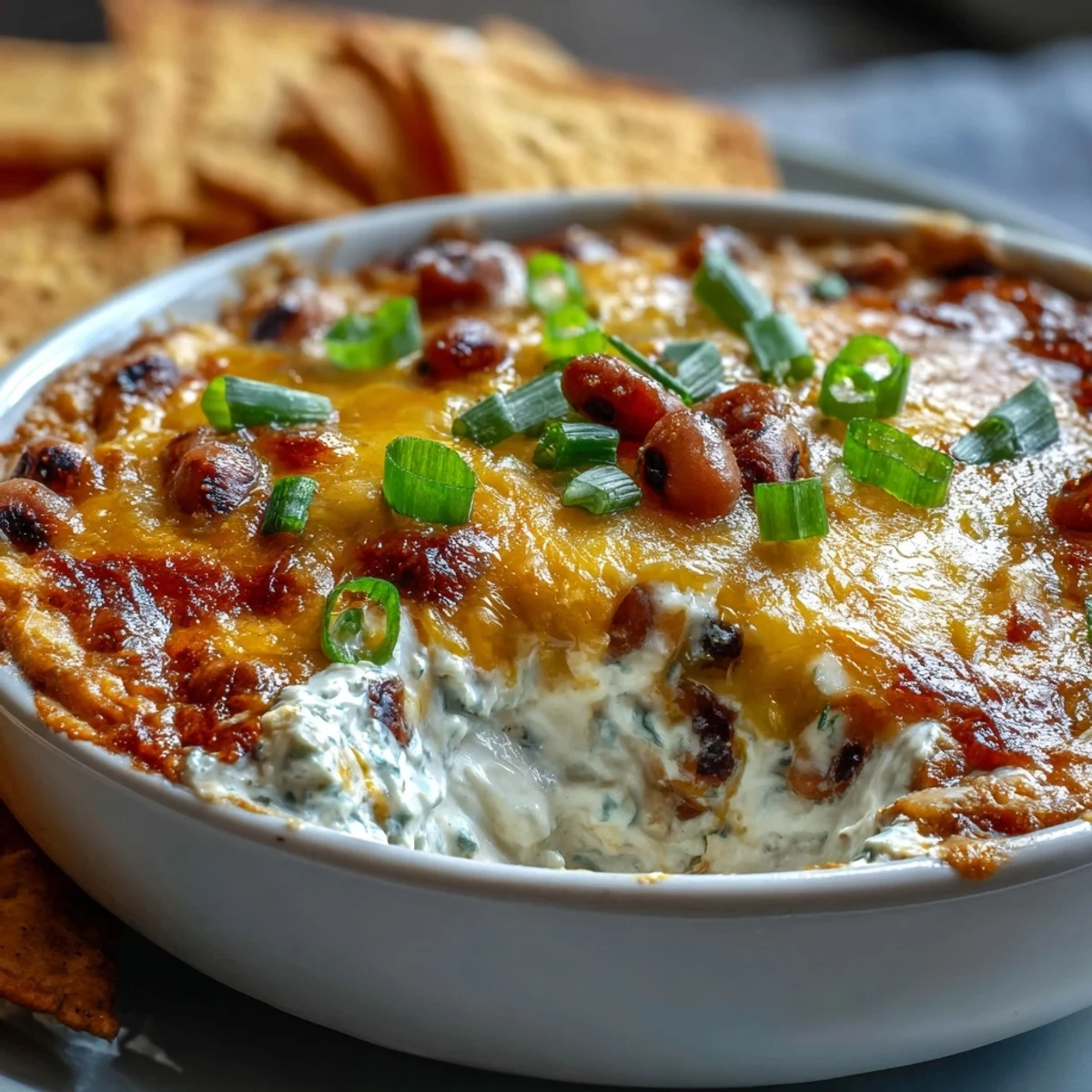 Bubbling hot Black-Eyed Pea Dip with golden cheese, served with crunchy tortilla chips for dipping.