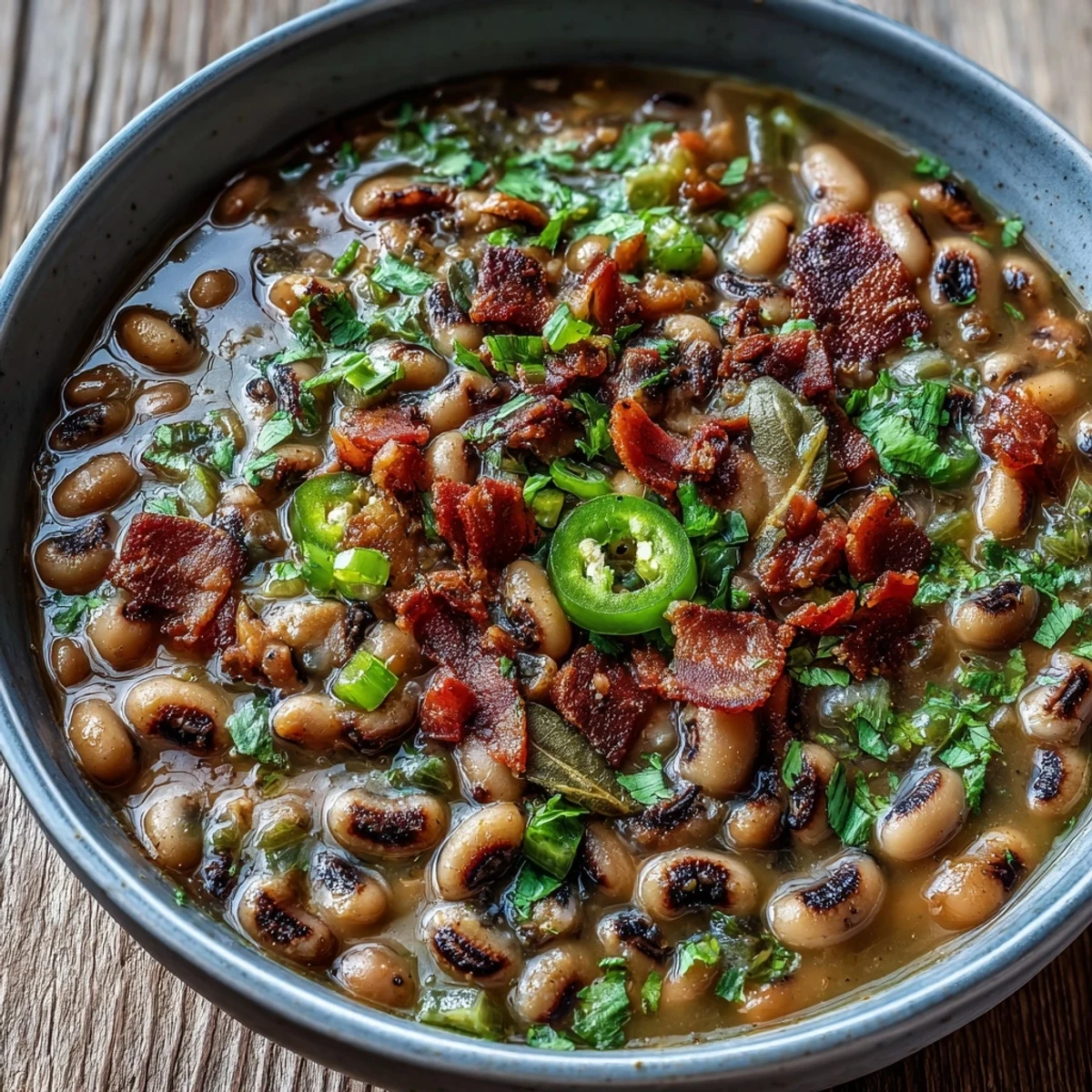Steaming Big Pot of Texas Black-Eyed Peas simmered with bacon and jalapeños.