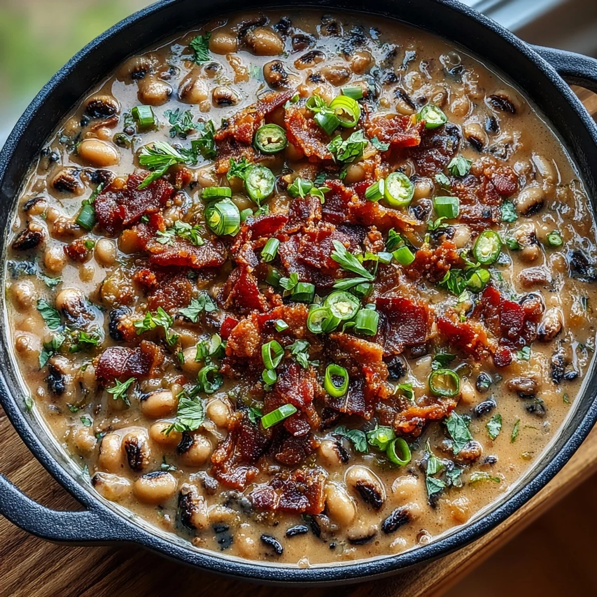 Close-up view of a rich Big Pot of Texas Black-Eyed Peas served over fluffy white rice.