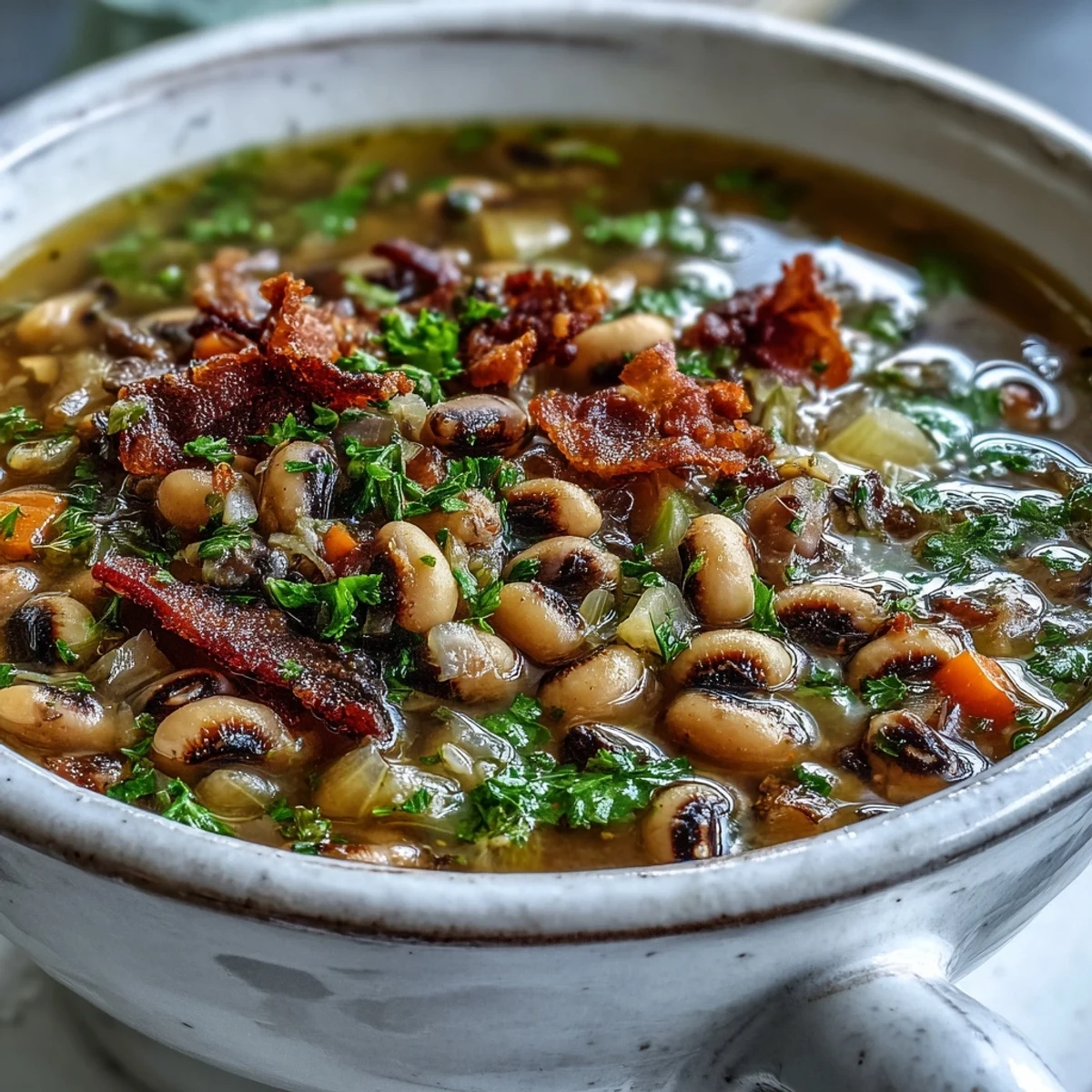 Smoky Black-Eyed Peas and Bacon Soup ladled into a white bowl, garnished with fresh parsley and crisp bacon bits.