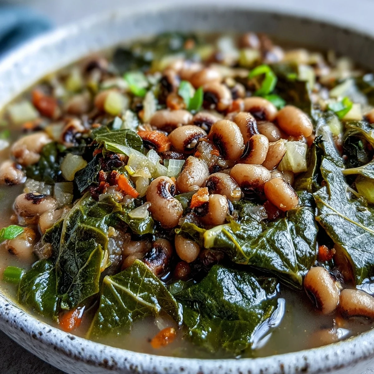 A steaming bowl of Black-Eyed Peas With Collard Greens, garnished with a wedge of golden cornbread on the side.