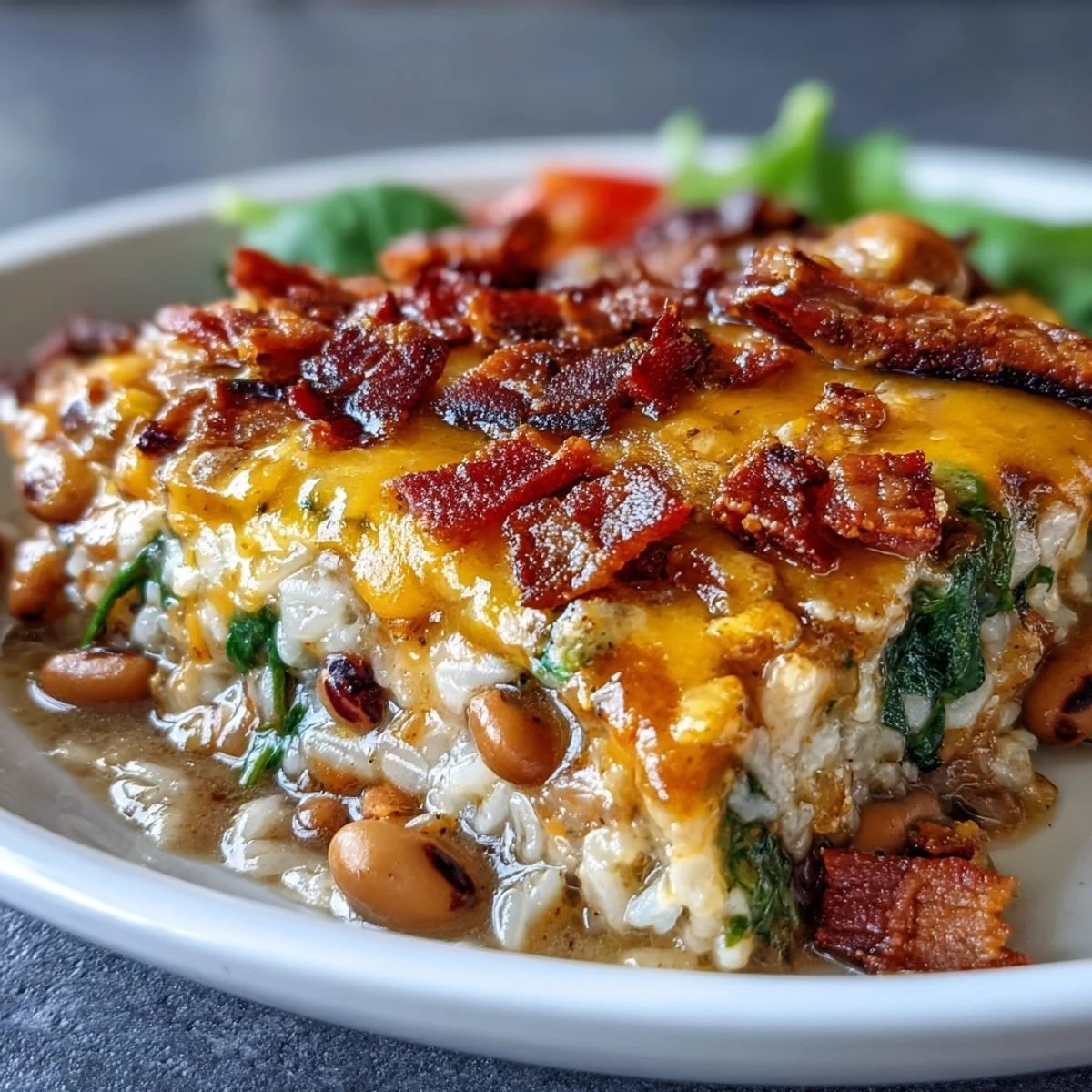 Golden-brown Tex Mex Black Eyed Pea Casserole with melted cheddar cheese, served in a baking dish with fresh cilantro garnish.
