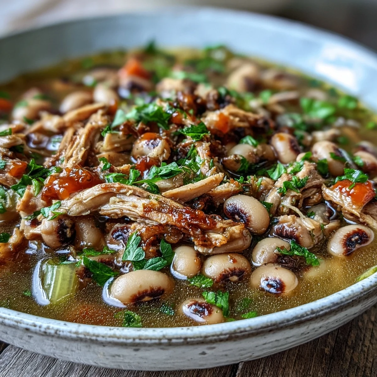 A warm bowl of Black-Eyed Peas With Smoked Turkey, featuring tender peas, shredded meat, and fresh parsley garnish served with hot sauce.