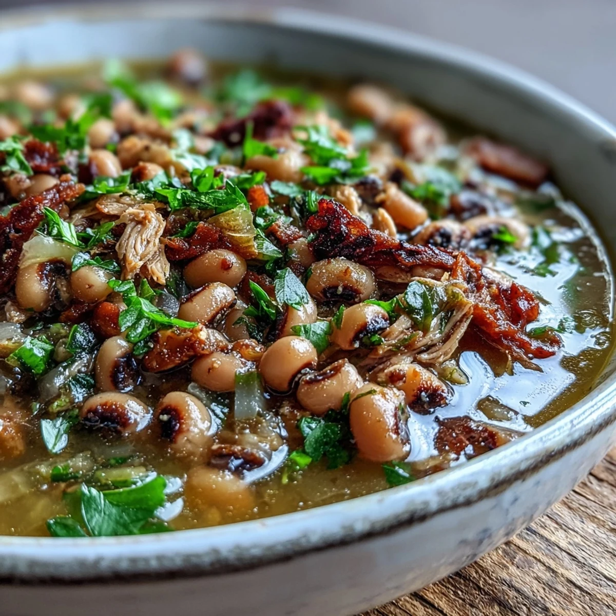 Steaming pot of Black-Eyed Peas With Smoked Turkey, showcasing tender peas, turkey drumsticks, and diced carrots in a rich, savory broth.