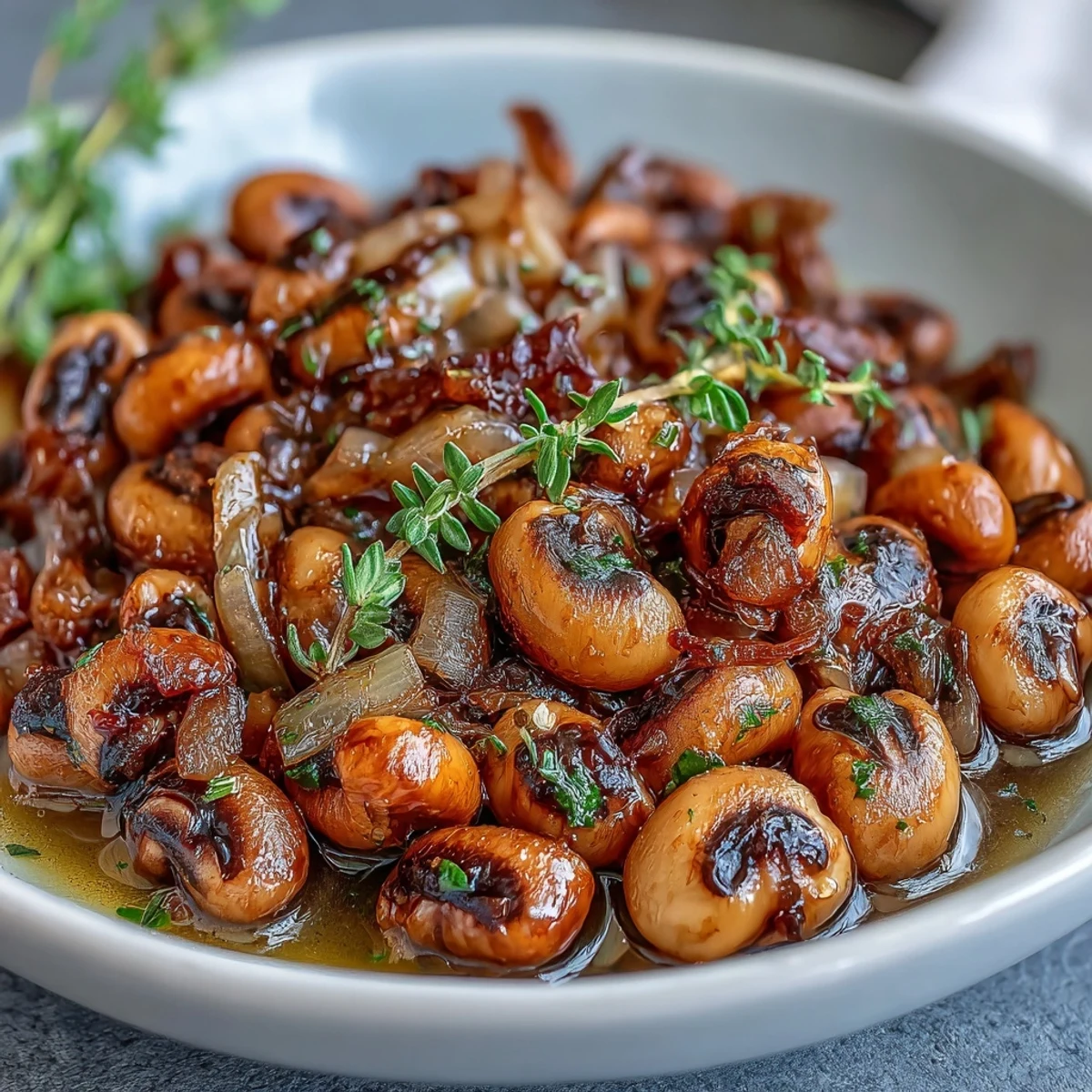 A close-up of finished Frozen Black-Eyed Peas Quick Version, simmered with onion and garlic in a rich, savory broth.