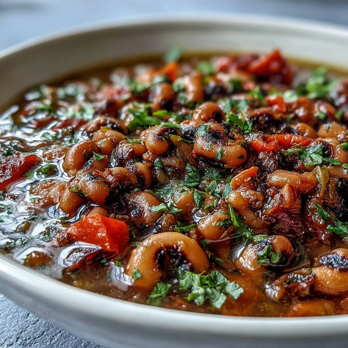 Hearty Greek-Style Slow Cooker Black-Eyed Peas simmered with tomatoes, oregano, and olive oil in a slow cooker.