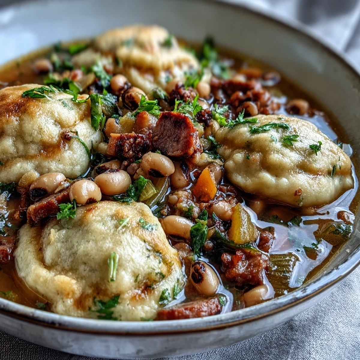 A spoonful of rustic Black-Eyed Peas and Sausage Dumplings reveals fluffy steamed dumplings floating atop a rich, smoky Southern-inspired broth with tender vegetables.