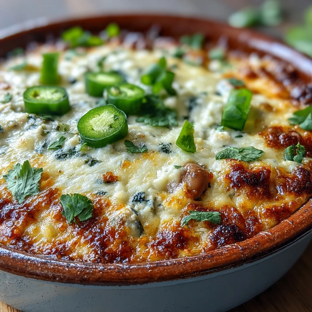 Golden bubbly Hot Black-Eyed Pea Dip with Jalapeño and Cumin topped with fresh cilantro.