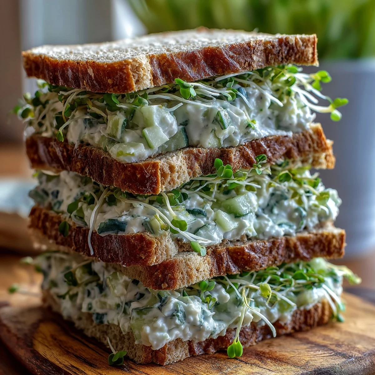 Freshly assembled Easy Cucumber Salad Sandwiches feature diced cucumbers in herbs and feta, ready to serve on rustic wooden plates.