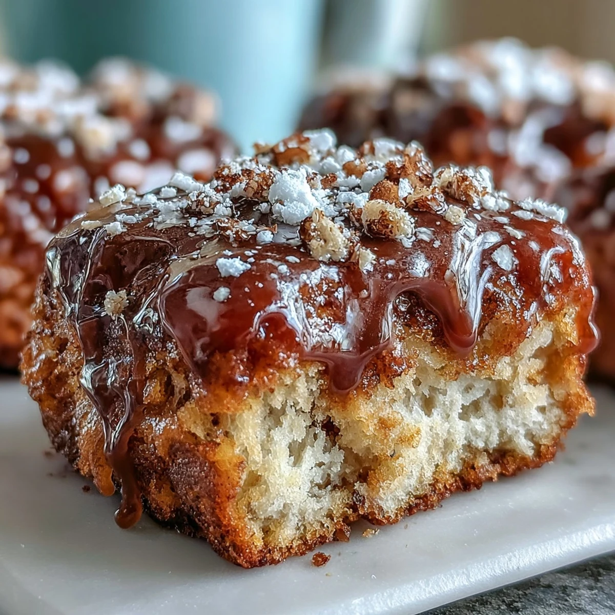 Homemade Maple Donut Bars plated with a fork, featuring a sweet maple glaze perfect for an afternoon coffee break treat.