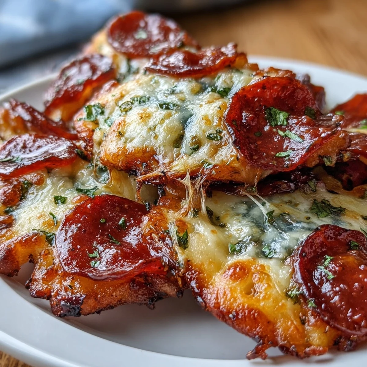 Freshly baked pepperoni cheese crisps, golden and bubbly on a parchment-lined baking sheet, ready to serve as a keto-friendly appetizer.