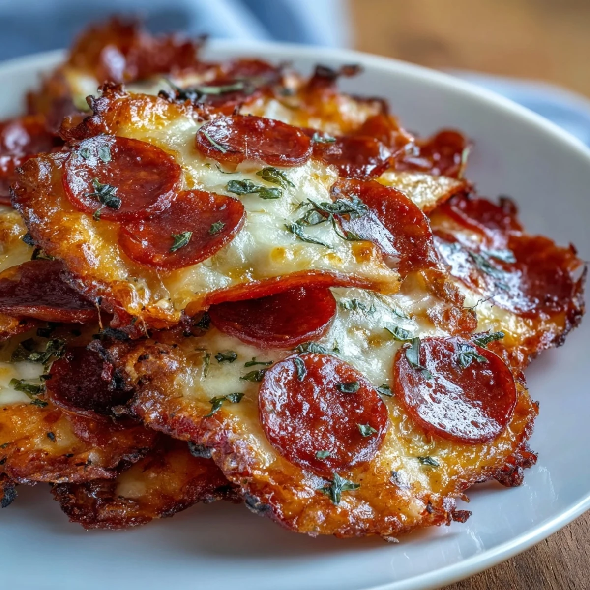 Pepperoni cheese crisps garnished with parsley, cooling on a wire rack for ultimate crunch, perfect for game day snacking.