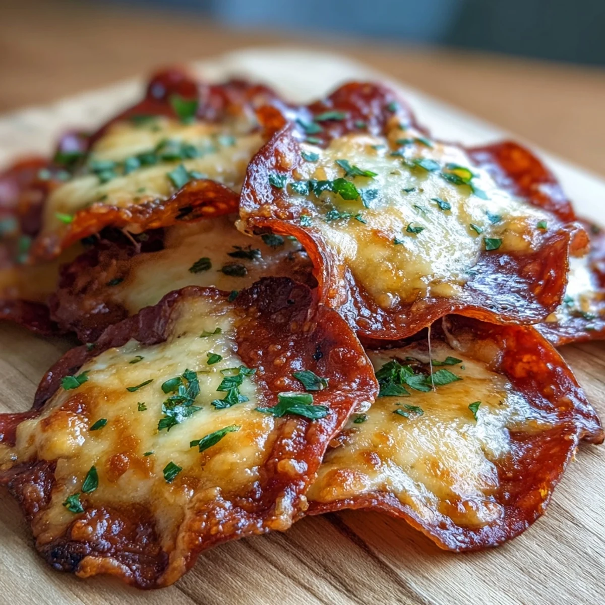 Overhead view of golden pepperoni cheese crisps arranged on a platter, a savory low-carb treat with melted cheese.