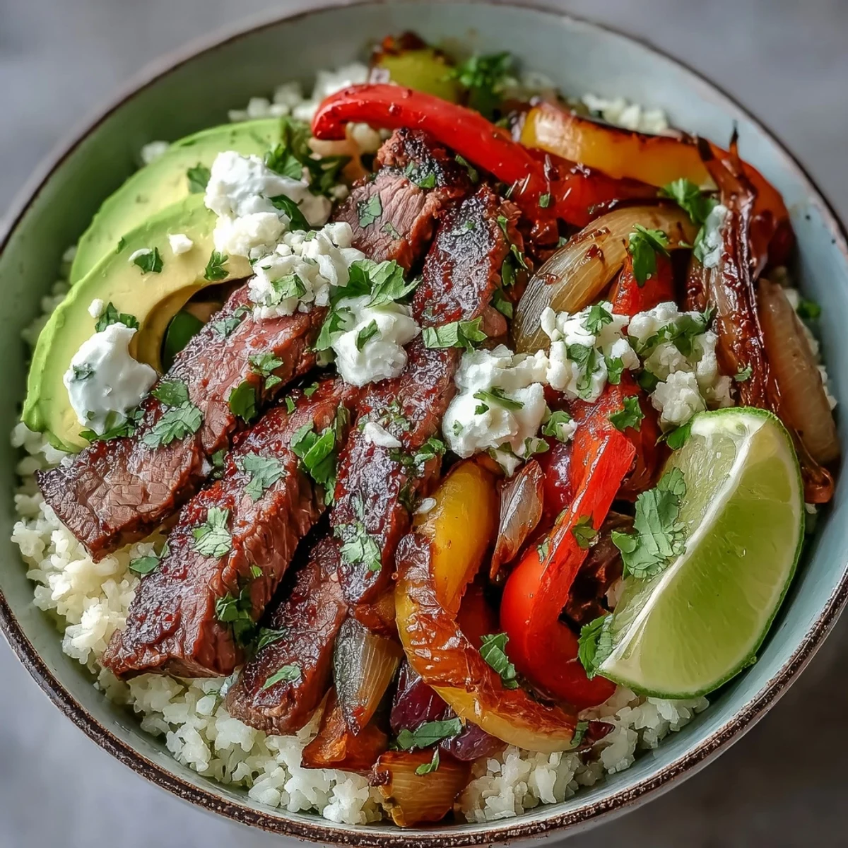 Sizzling steak fajita bowl with sautéed peppers and onions over cauliflower rice, garnished with avocado and cilantro.